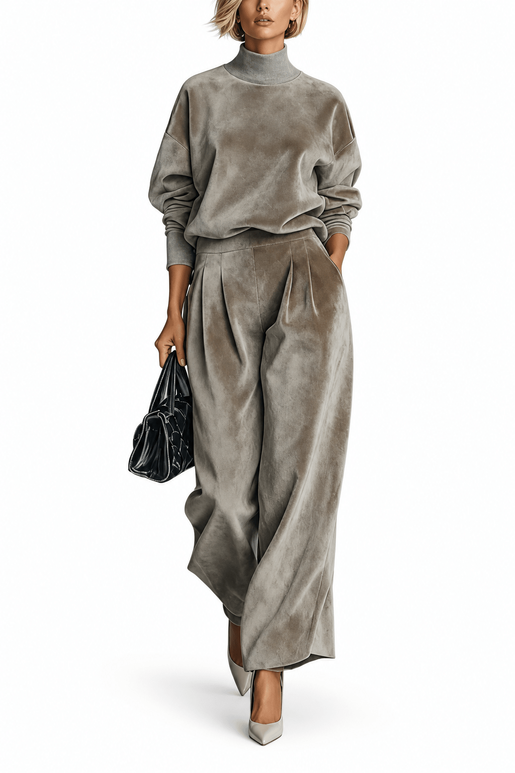 Women's High-Neck Top & Pleated Wide-Leg Pants Set