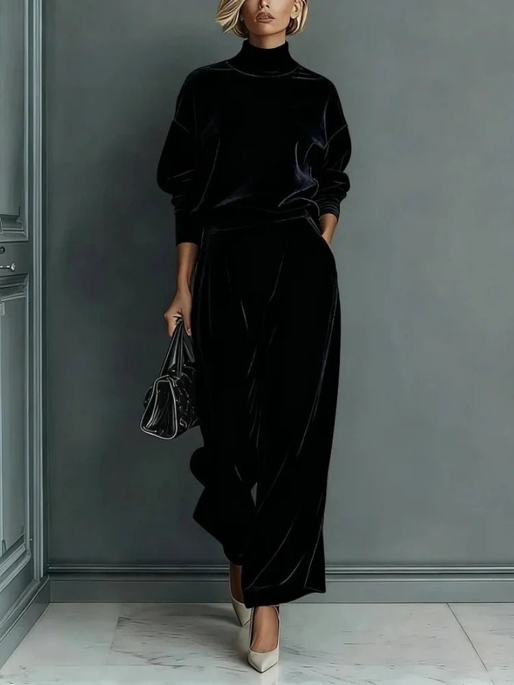 Women's High-Neck Top & Pleated Wide-Leg Pants Set black