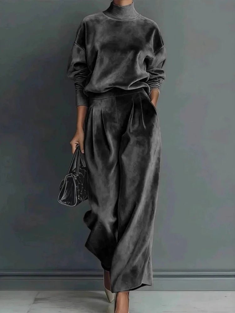 Women's High-Neck Top & Pleated Wide-Leg Pants Set Dark Grey