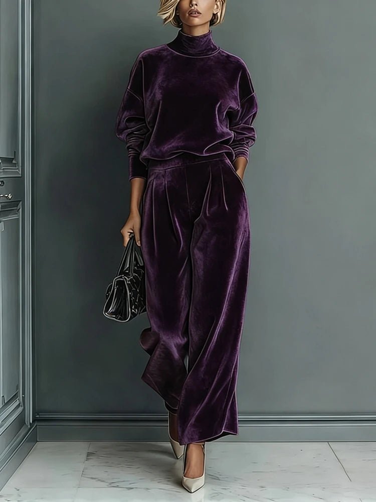 Women's High-Neck Top & Pleated Wide-Leg Pants Set PURPLE