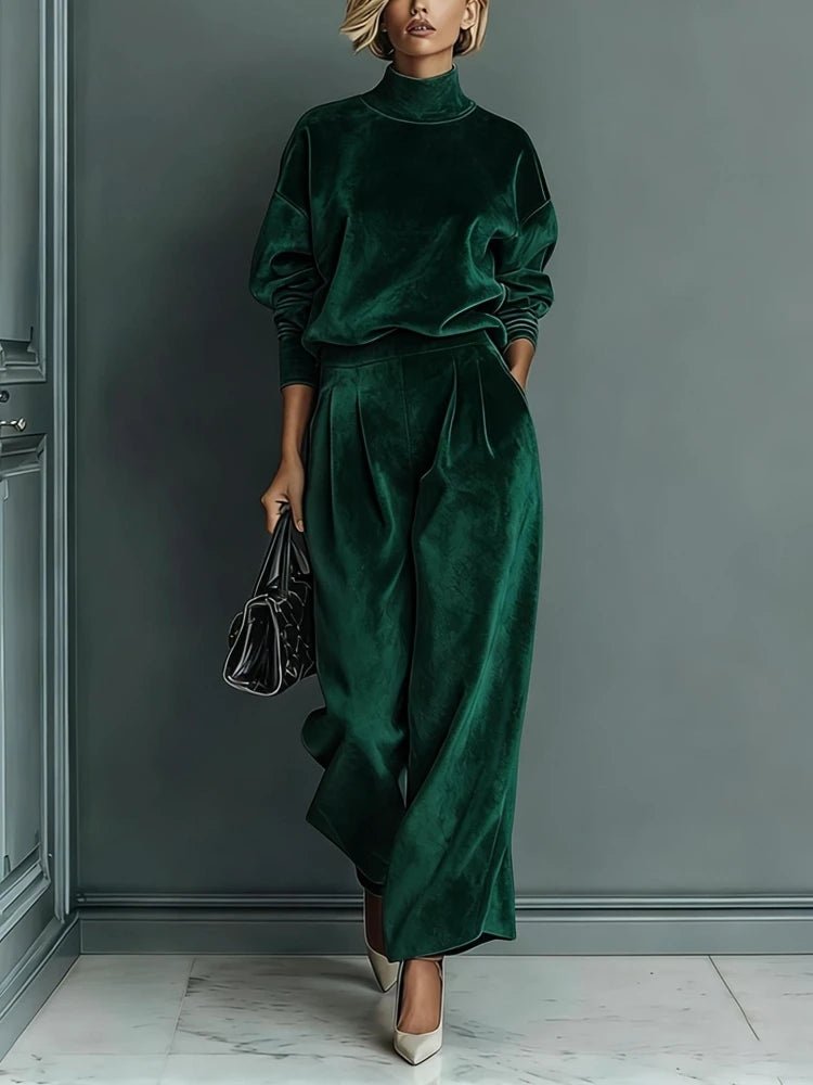 Women's High-Neck Top & Pleated Wide-Leg Pants Set green