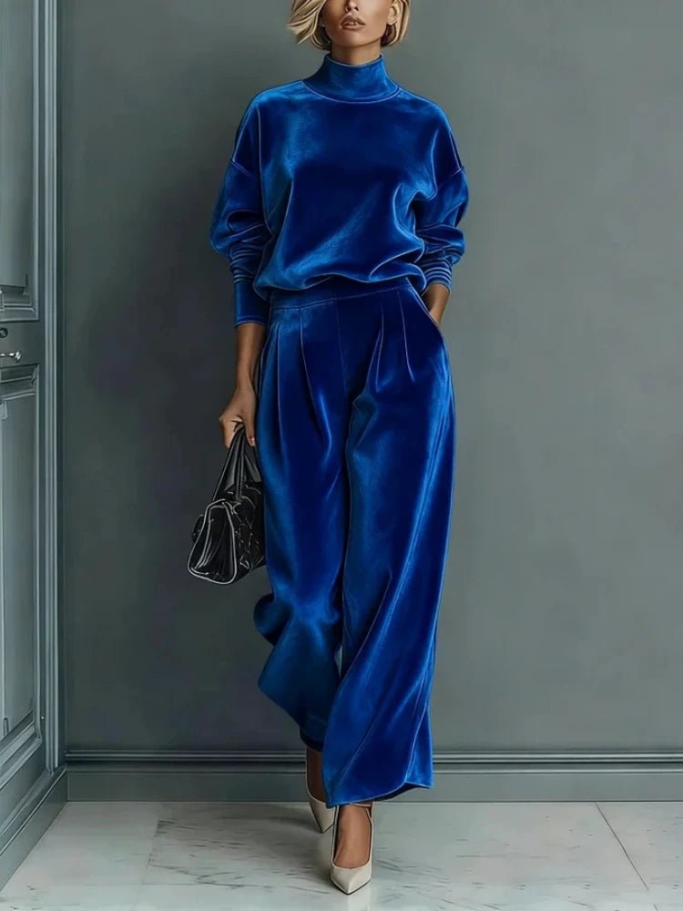 Women's High-Neck Top & Pleated Wide-Leg Pants Set Blue
