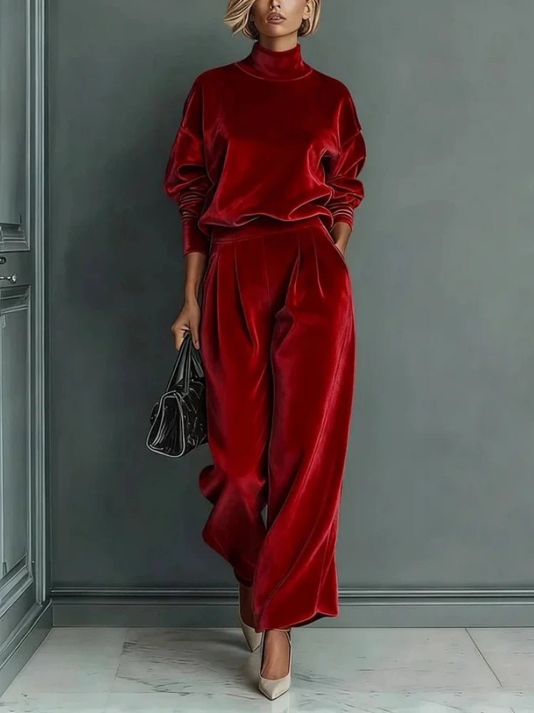 Women's High-Neck Top & Pleated Wide-Leg Pants Set Red