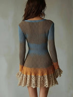 Women's Knitted Flare Dress With Lace Detail, V Neckline, Slim Fit