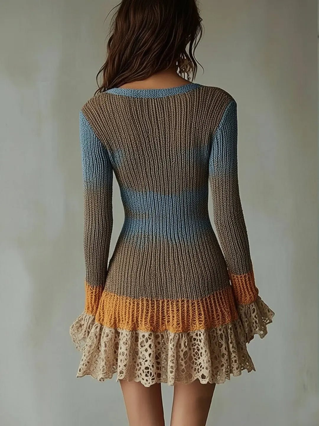 Women's Knitted Flare Dress With Lace Detail, V Neckline, Slim Fit