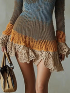 Women's Knitted Flare Dress With Lace Detail, V Neckline, Slim Fit