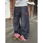Women's Plaid-Detail Wide-Leg Jeans