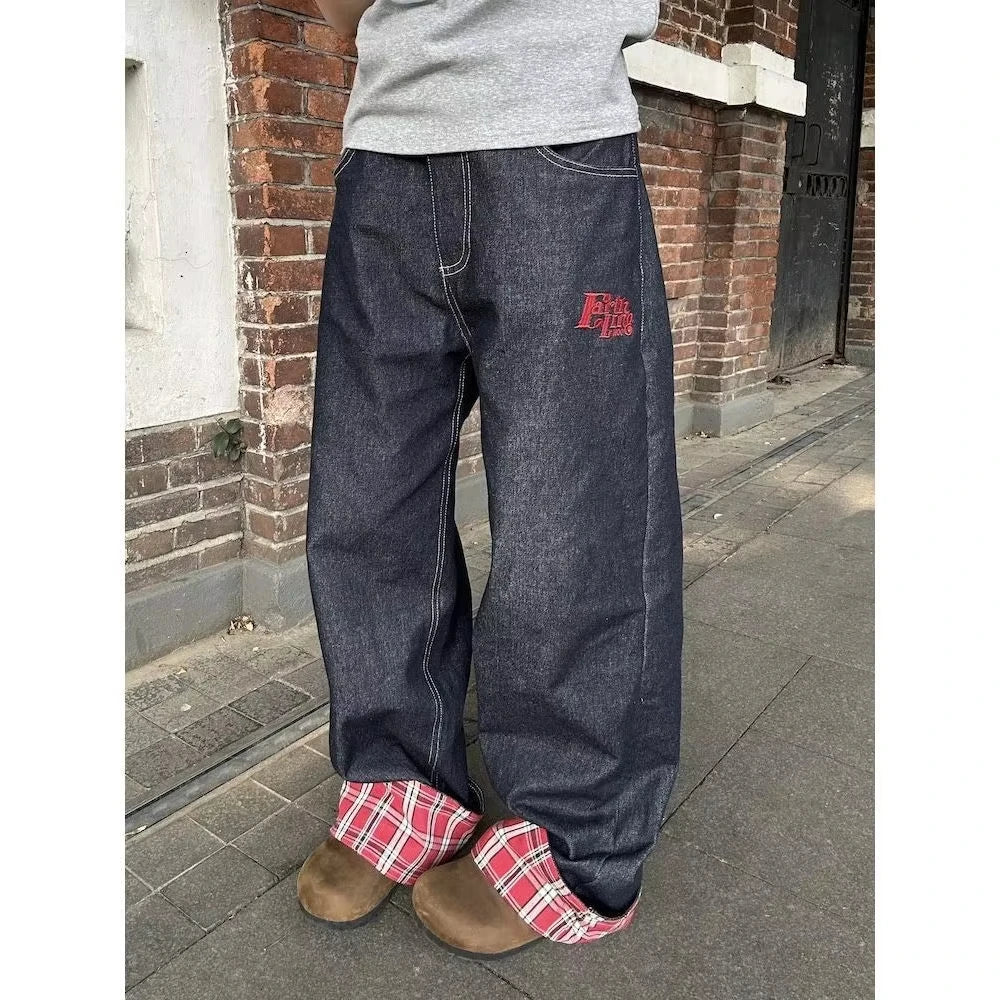 Women's Plaid-Detail Wide-Leg Jeans