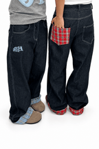 Women's Plaid-Detail Wide-Leg Jeans