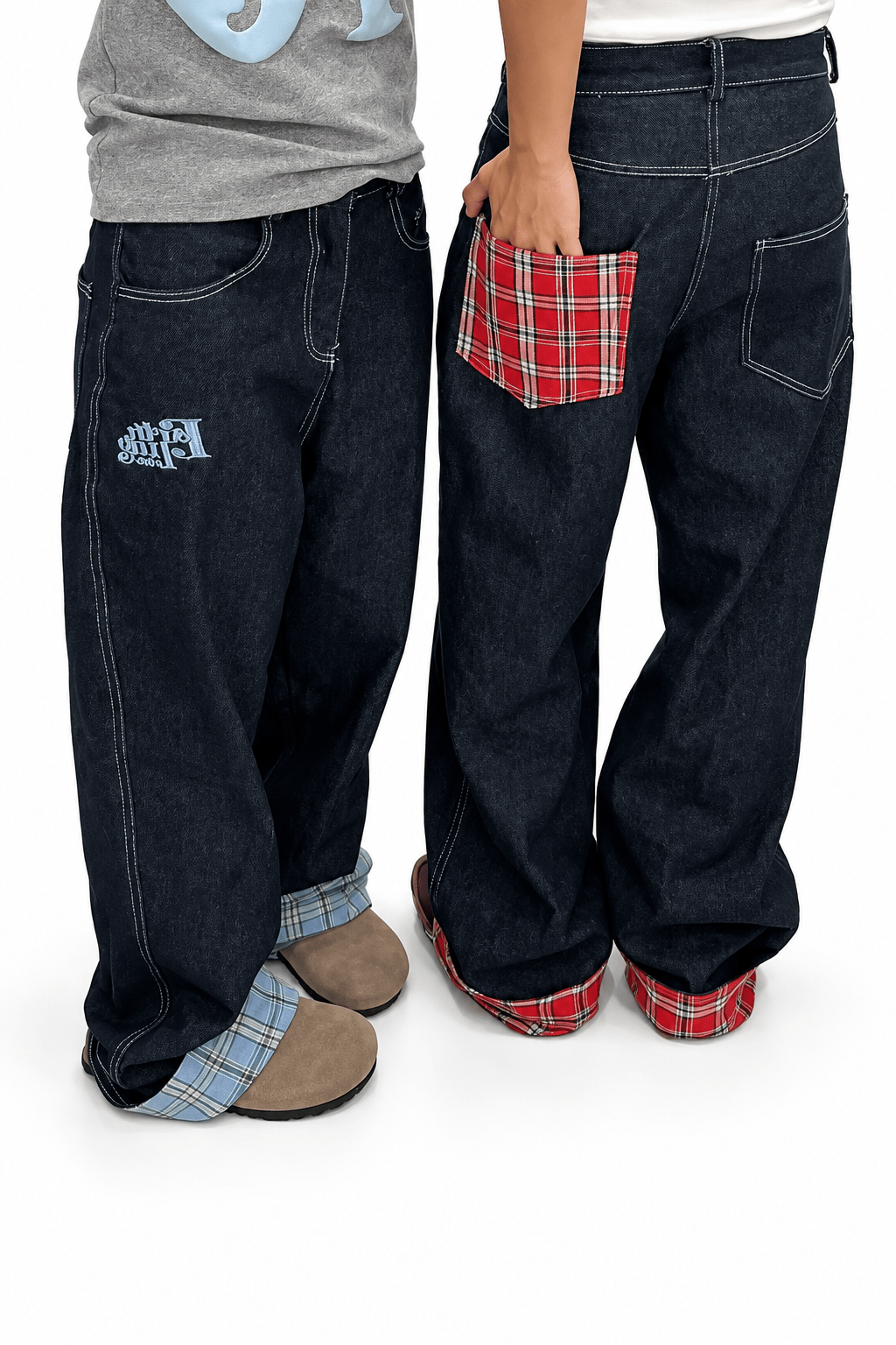 Women's Plaid-Detail Wide-Leg Jeans