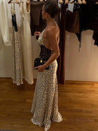 Women's Polka-Dot Halter Maxi Dress with Lace Waist