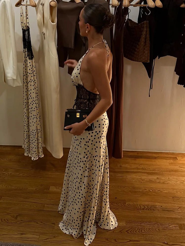 Women's Polka-Dot Halter Maxi Dress with Lace Waist