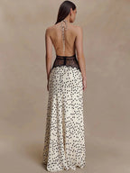 Women's Polka-Dot Halter Maxi Dress with Lace Waist