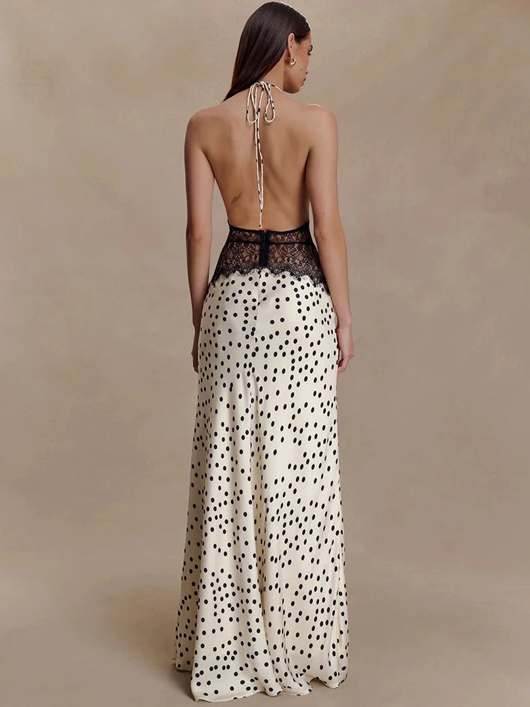 Women's Polka-Dot Halter Maxi Dress with Lace Waist