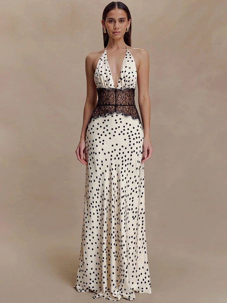 Women's Polka-Dot Halter Maxi Dress with Lace Waist