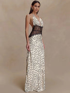 Women's Polka-Dot Halter Maxi Dress with Lace Waist