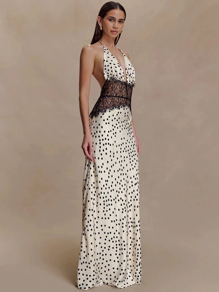 Women's Polka-Dot Halter Maxi Dress with Lace Waist