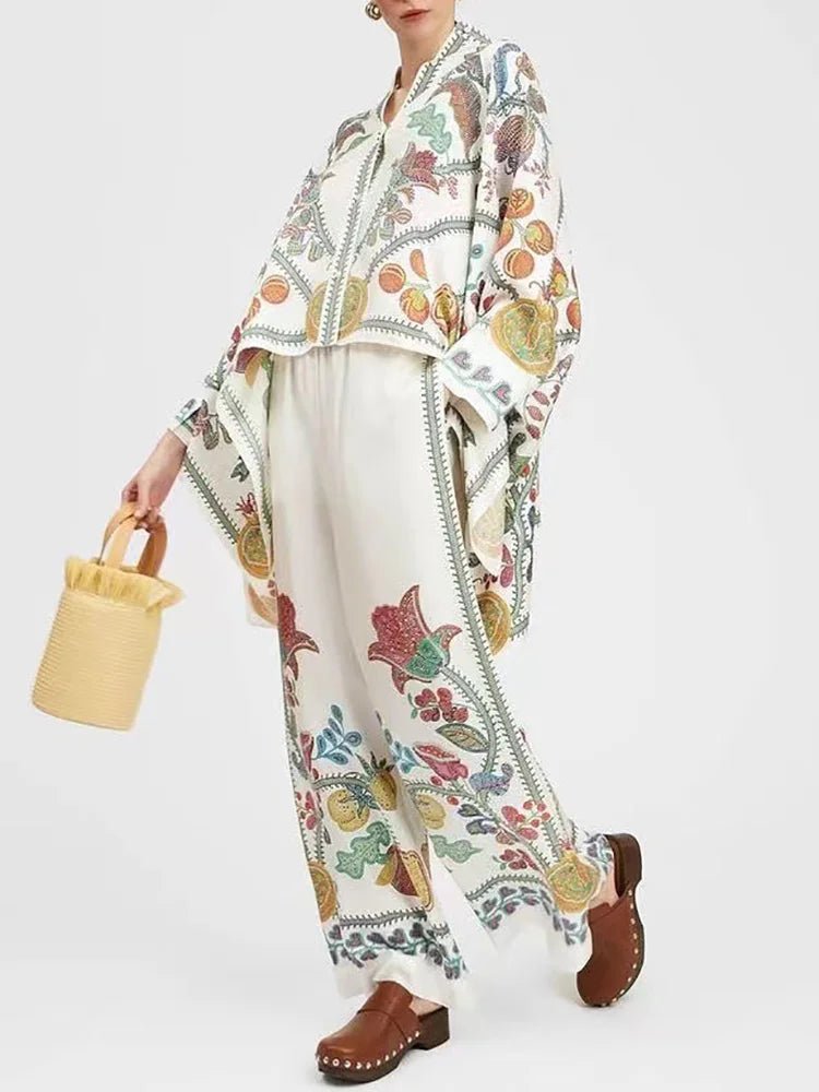 Women's Printed Asymmetrical Shirt & Wide-Leg Pants Set