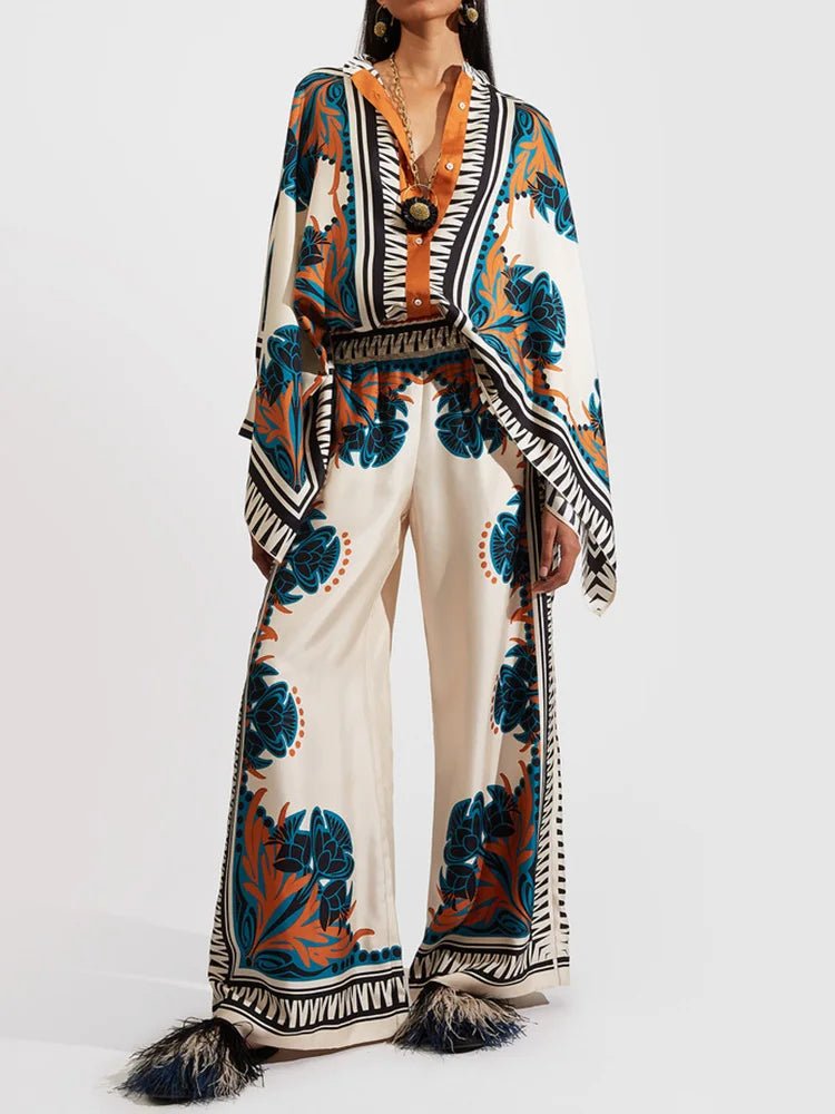 Women's Printed Asymmetrical Shirt & Wide-Leg Pants Set