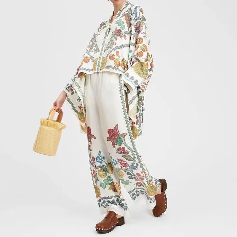 Women's Printed Asymmetrical Shirt & Wide-Leg Pants Set 01 Print