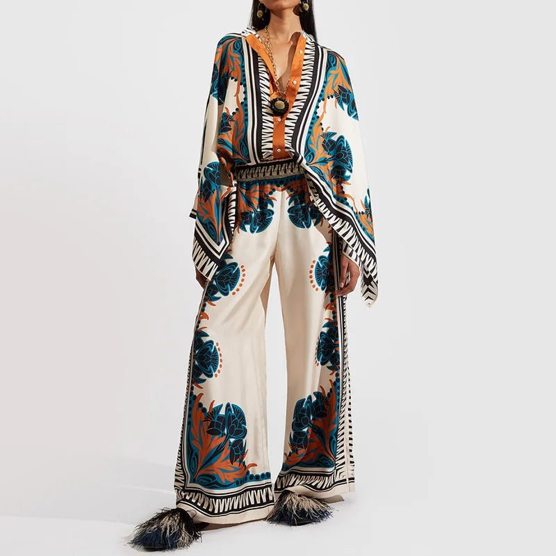 Women's Printed Asymmetrical Shirt & Wide-Leg Pants Set 02 Print