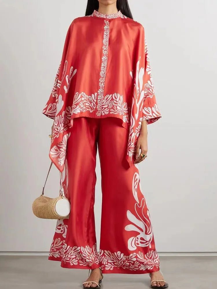 Women's Printed Asymmetrical Shirt & Wide-Leg Pants Set