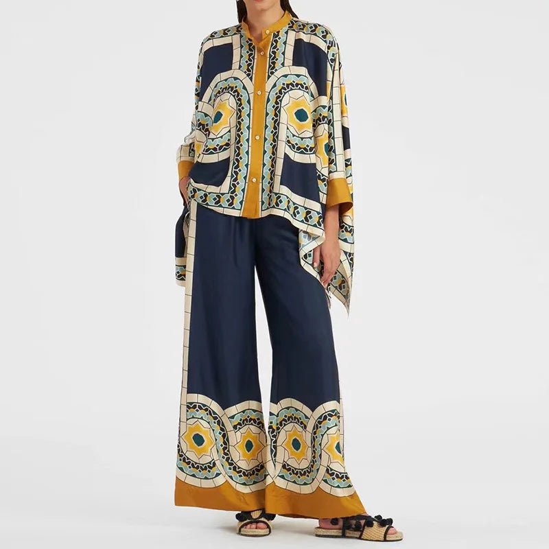 Women's Printed Asymmetrical Shirt & Wide-Leg Pants Set 03 Print