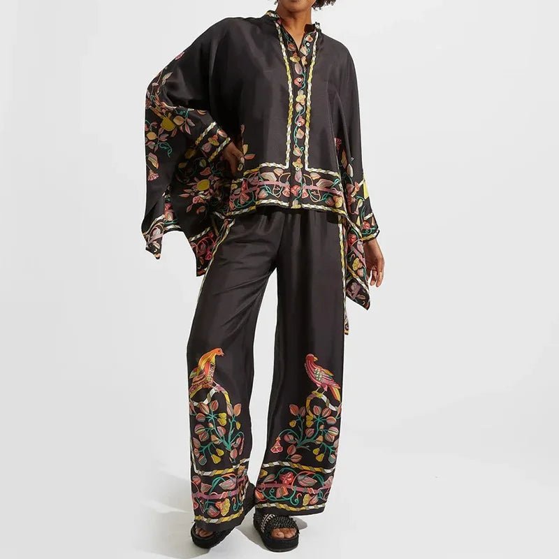Women's Printed Asymmetrical Shirt & Wide-Leg Pants Set 05 Print