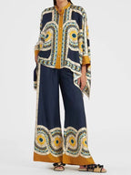Women's Printed Asymmetrical Shirt & Wide-Leg Pants Set