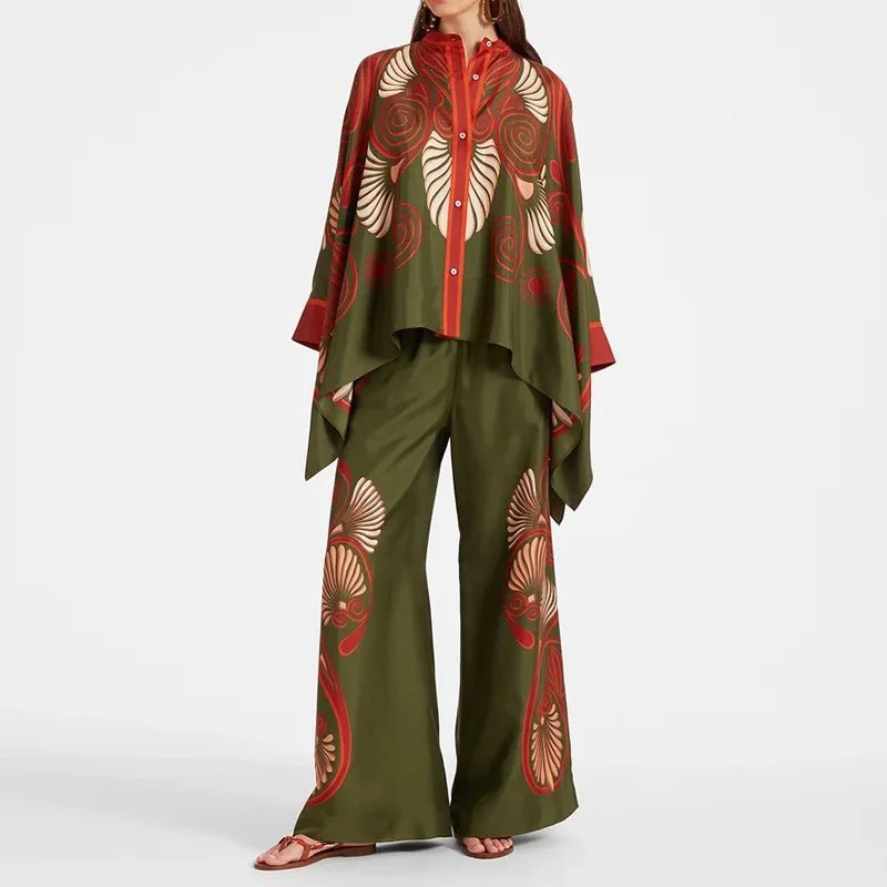 Women's Printed Asymmetrical Shirt & Wide-Leg Pants Set 04 Print
