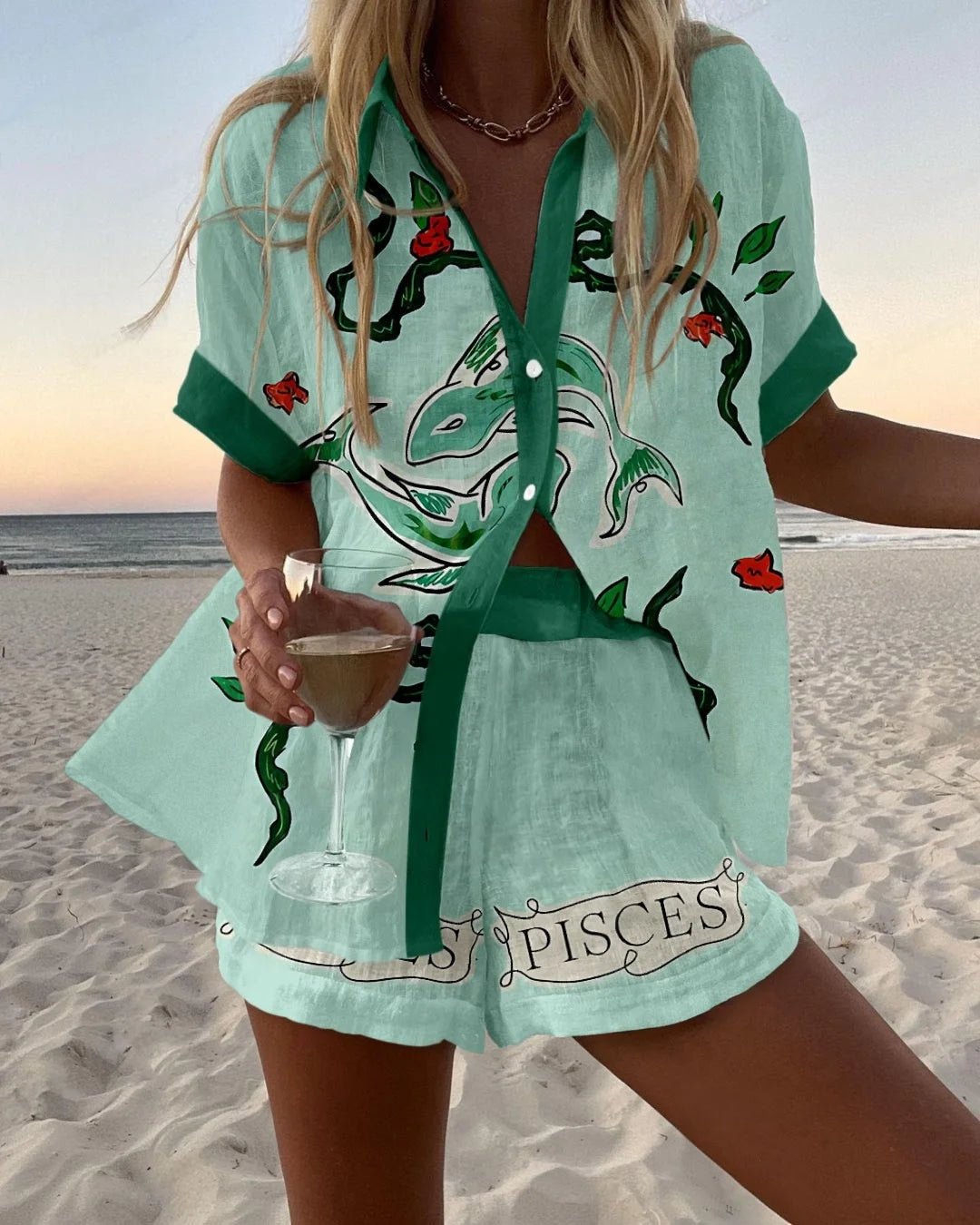 Women's Printed Shirt & Shorts Vacation Set 6625020847994