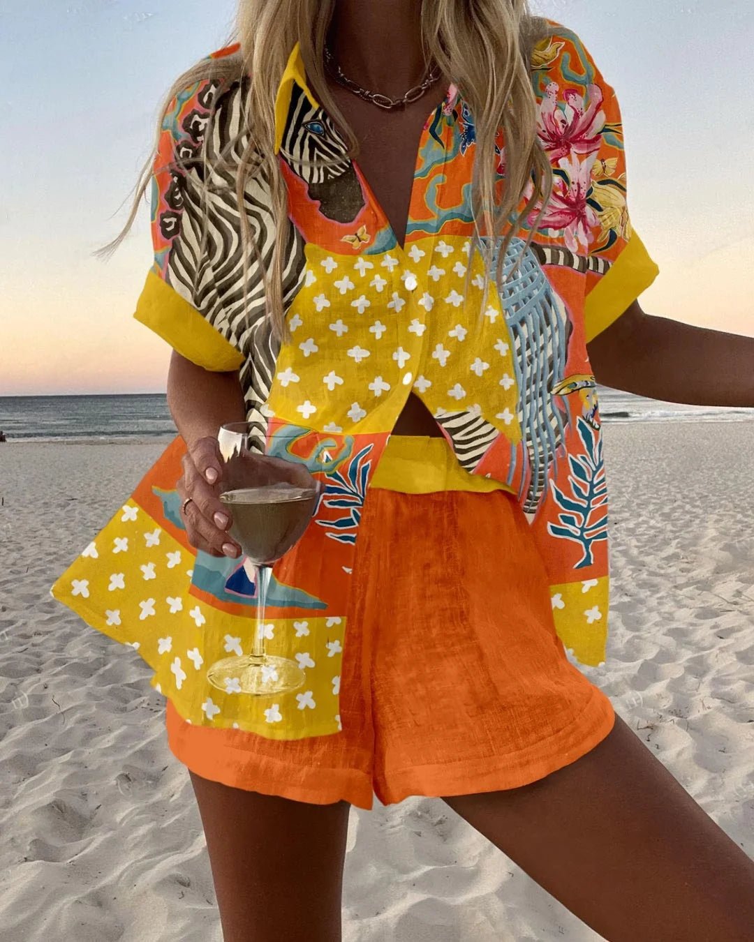 Women's Printed Shirt & Shorts Vacation Set 6625041877-Orange