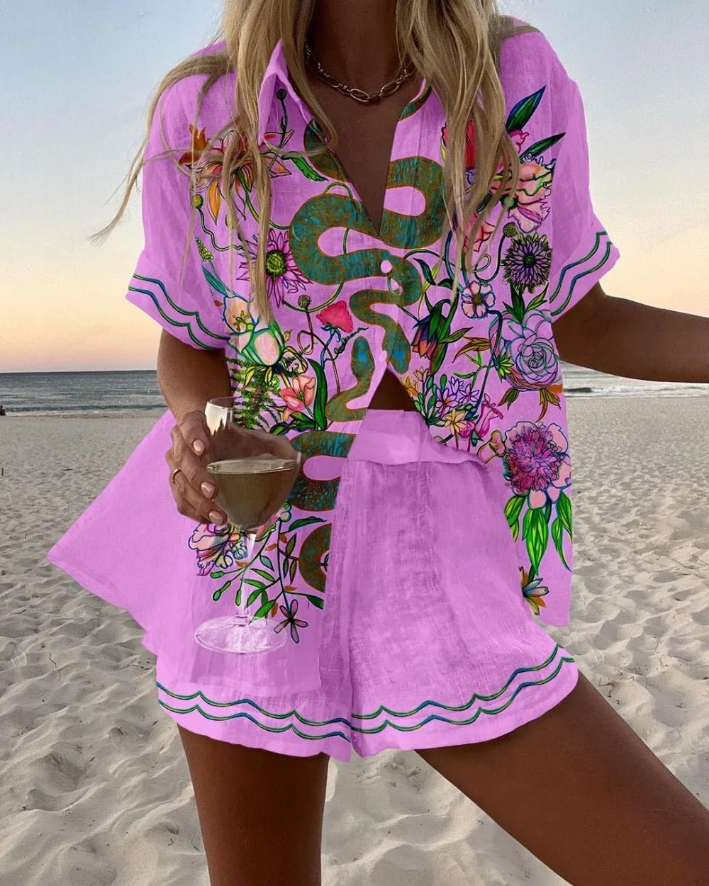 Women's Printed Shirt & Shorts Vacation Set 6625041869-Rose Pink