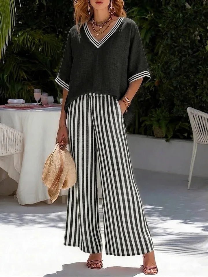 Women's Short-Sleeve Top & Striped Wide-Leg Pants Set 3