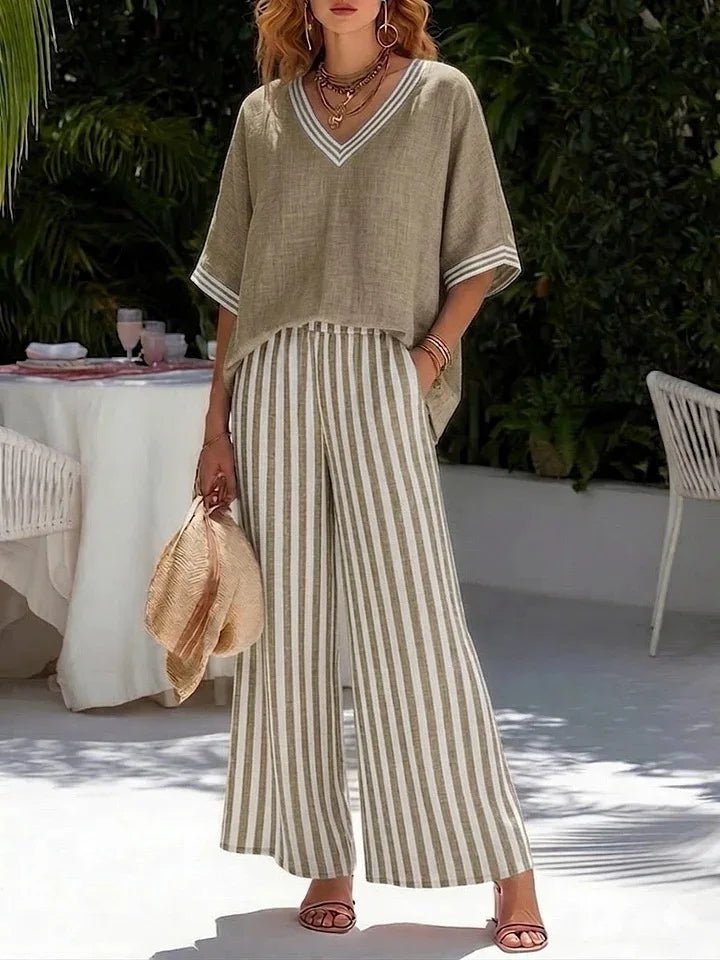 Women's Short-Sleeve Top & Striped Wide-Leg Pants Set 6