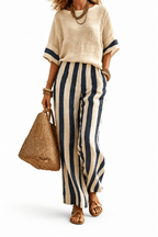 Women's Short-Sleeve Top & Striped Wide-Leg Pants Set