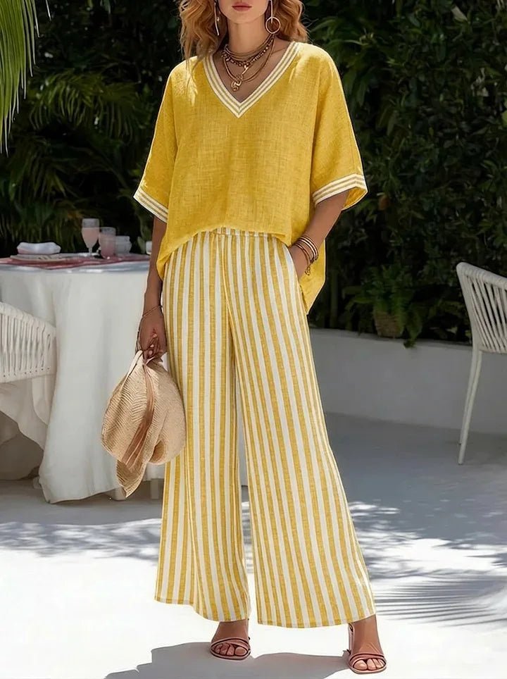 Women's Short-Sleeve Top & Striped Wide-Leg Pants Set 1