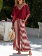 Women's Short-Sleeve Top & Striped Wide-Leg Pants Set 2