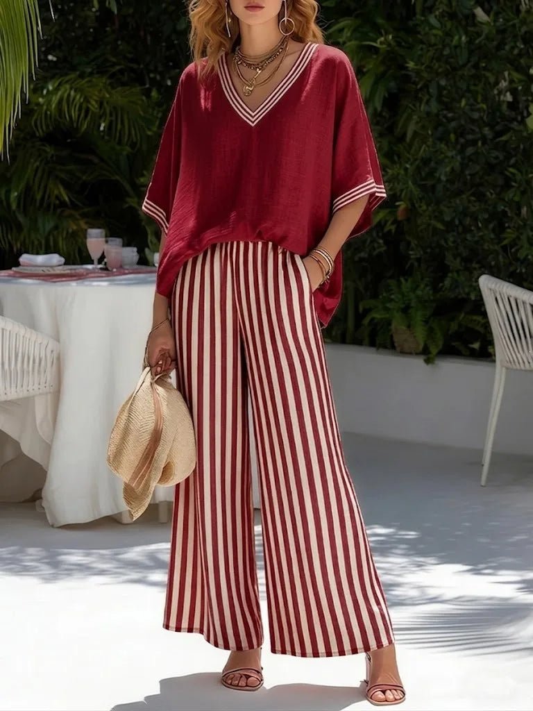 Women's Short-Sleeve Top & Striped Wide-Leg Pants Set 2