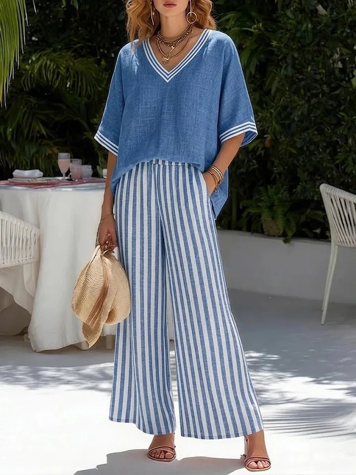 Women's Short-Sleeve Top & Striped Wide-Leg Pants Set 7
