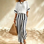 Women's Short-Sleeve Top & Striped Wide-Leg Pants Set
