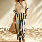 Women's Short-Sleeve Top & Striped Wide-Leg Pants Set
