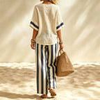 Women's Short-Sleeve Top & Striped Wide-Leg Pants Set