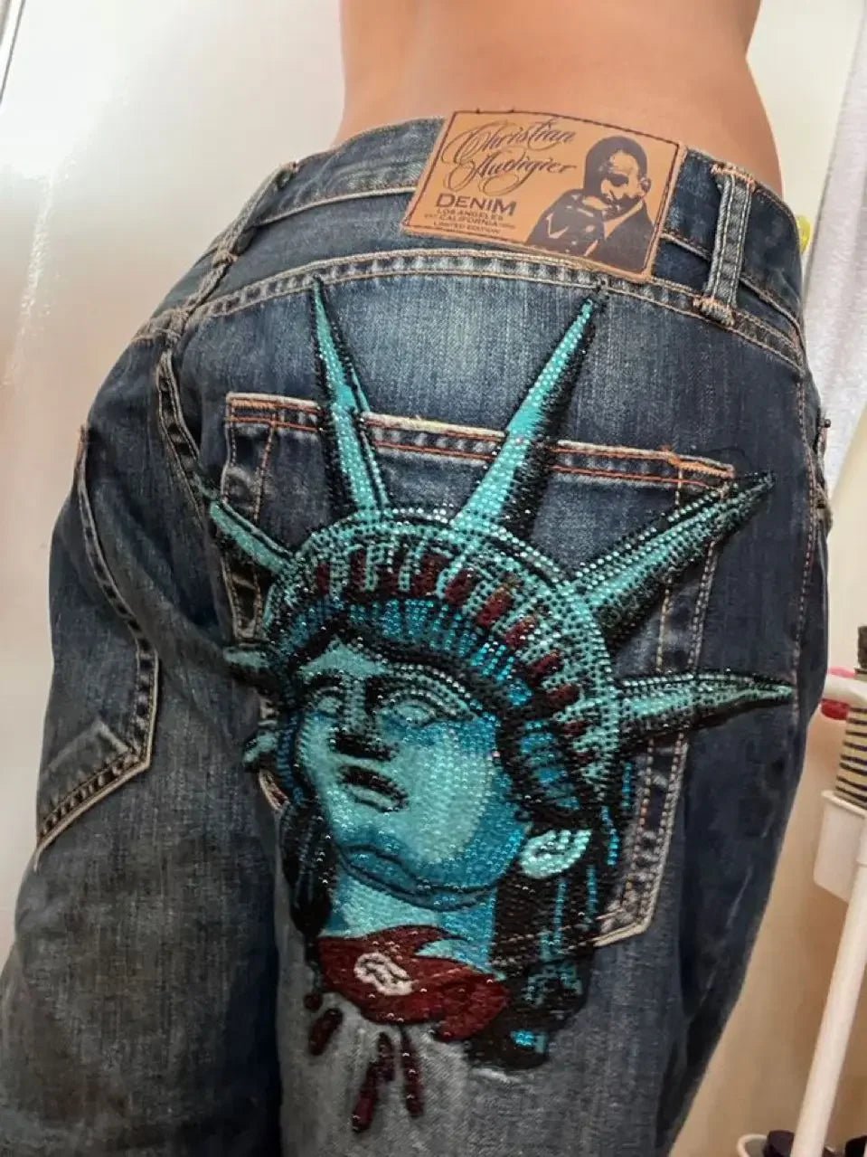 Women's Statue of Liberty Embellished Wide-Leg Jeans