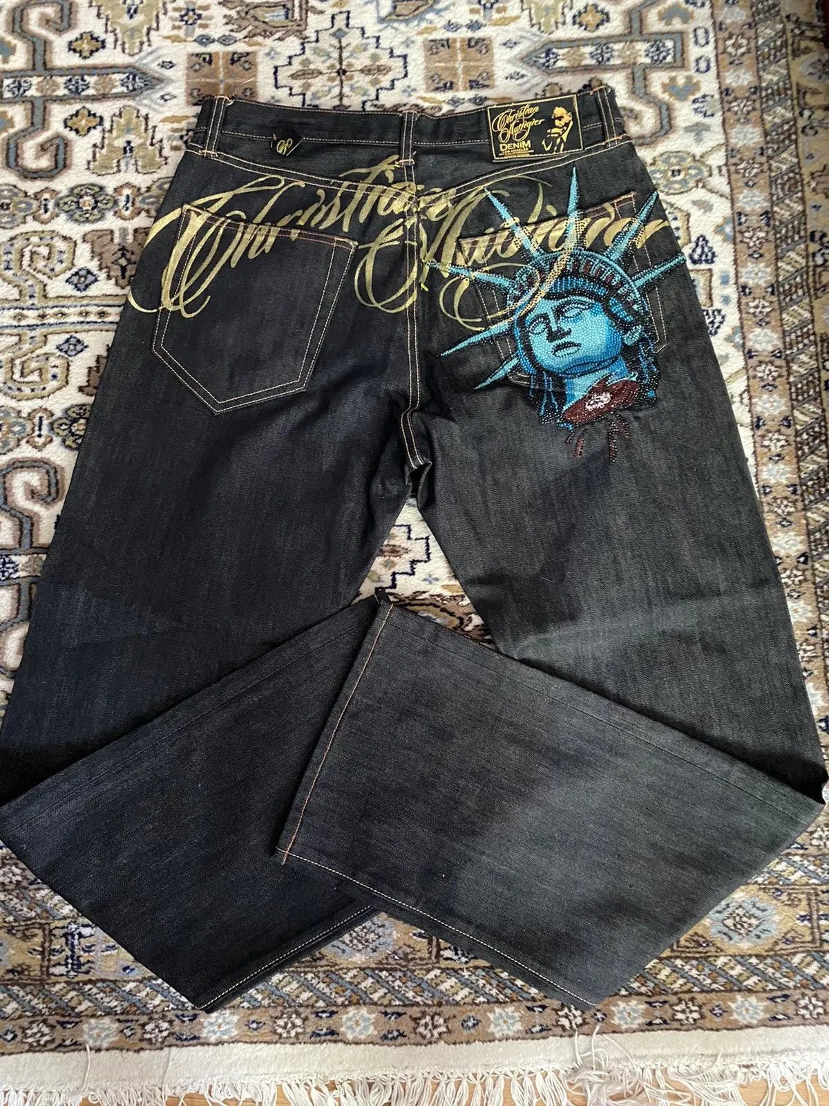Women's Statue of Liberty Embellished Wide-Leg Jeans