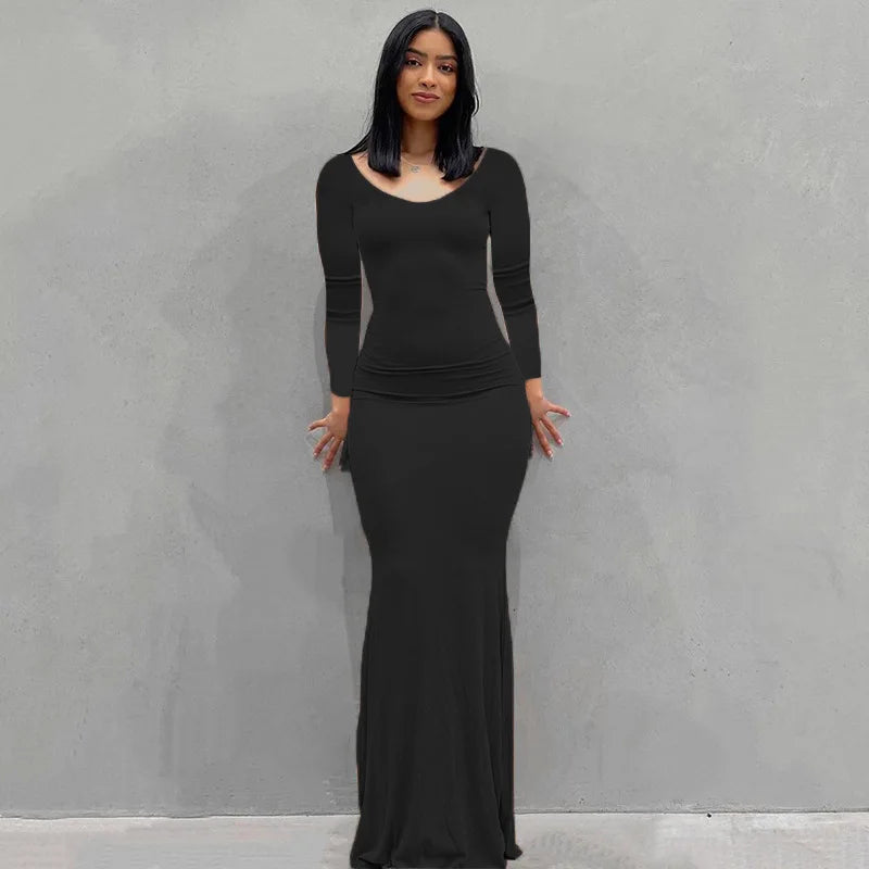 Women's Stretch Bodycon Maxi Dress Black-Long Sleeve