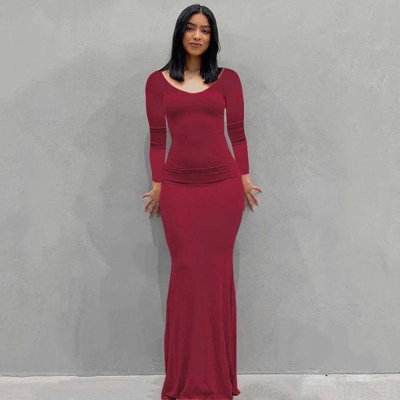 Women's Stretch Bodycon Maxi Dress Wine Red-Long Sleeve