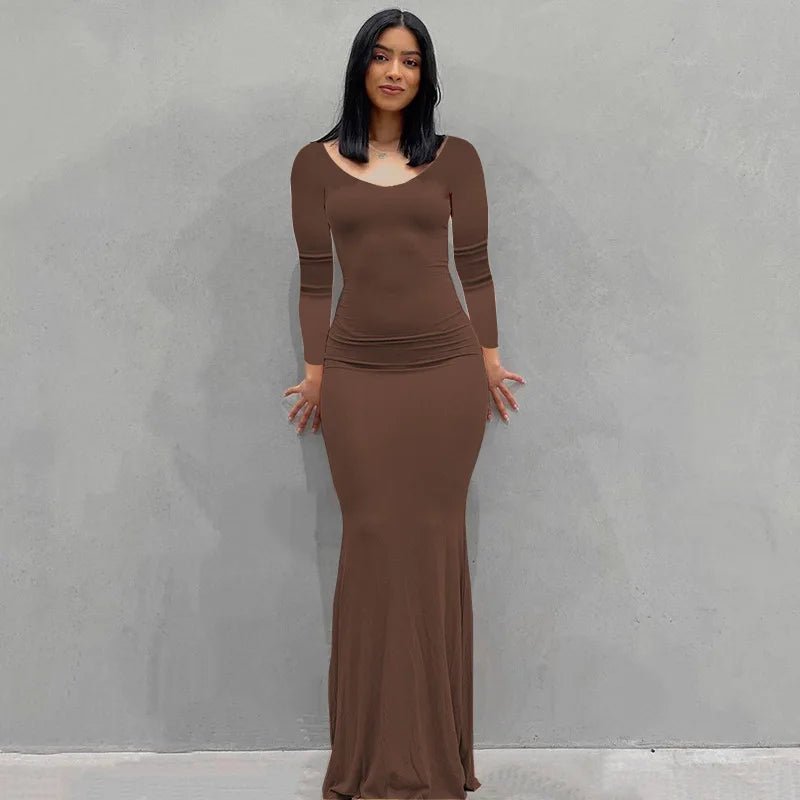 Women's Stretch Bodycon Maxi Dress Brown-Long Sleeve