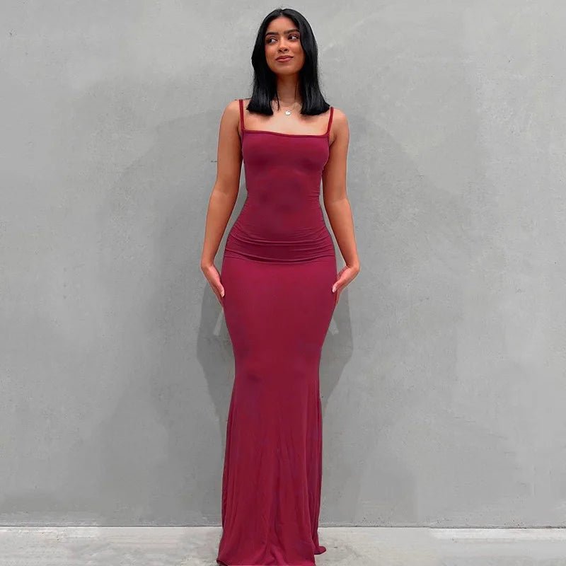 Women's Stretch Bodycon Maxi Dress Wine Red-Sleeveless