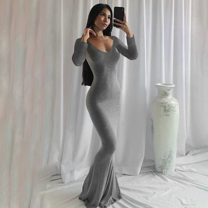 Women's Stretch Bodycon Maxi Dress Grey-Long Sleeve